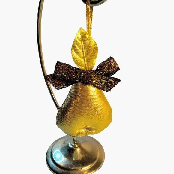 Gold Pear Christmas Ornament Victorian Brocade Bow Fabric Lame - Picture 4 of 4